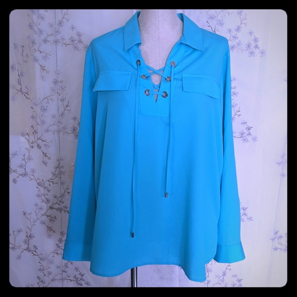 Calvin Klein top aqua long roll up sleeve blouse M